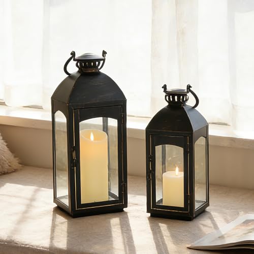 NEEDOMO Lanterns Decorative Indoor&Outdoor, 20''/16''H Set of 2 Outdoor Lanterns for Porch,Metal Frame Candle Holders Hanging Lights with Glass, Spring, Fall, Christmas