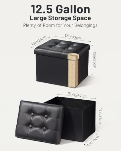 Bsketa Storage Ottoman Bench,17 Inch Folding Leather Foot Rest Stools,Black