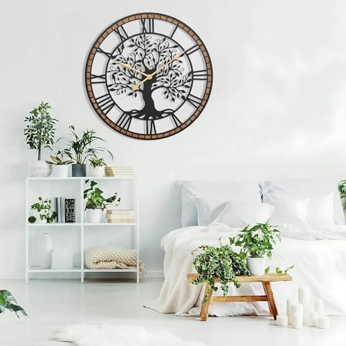 Micasso Rustic Oversize Wall Clock: 35 Inch Farmhouse Tree of Life Metal with Wood Frame - Battery Operated Wall Clocks for Bedroom/Fireplace/High-Ceiling - Home Decor for Interior Designers