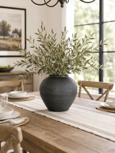 Black Ceramic Vase 7" H Round Rustic Flower Vase for Home Decor | Rustic Vase 3.9" Opening 8.7" W x 7" H Farmhouse Dining Table Centerpiece Shelf, Mantels, Kitchen, Entryway Living Room Decor