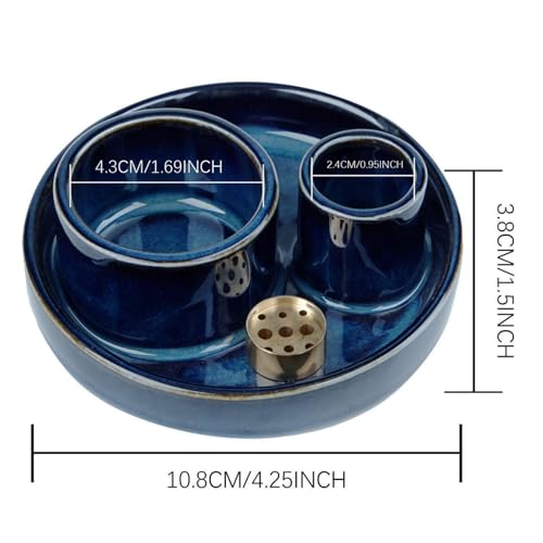 4 in 1 Incense Holder, Ceramic Incense Stick and Palo Santo Holder,Sage Holder for Burning- 4.25" Ceramic Ash Catcher Tray for Meditation and Yoga Room (Blue)