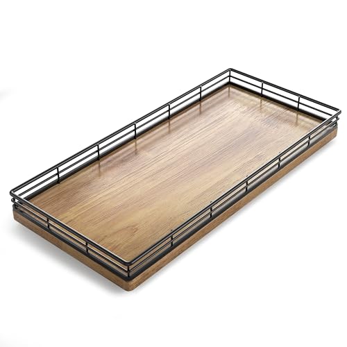 Bathroom Toilet Tank Tray, 13" Wood Toilet Paper Storage Basket Tray Back of Toilet Basket Organizer,Vanity Tray for Perfume Makeup Candle Decor, Black & Farmhouse Brown