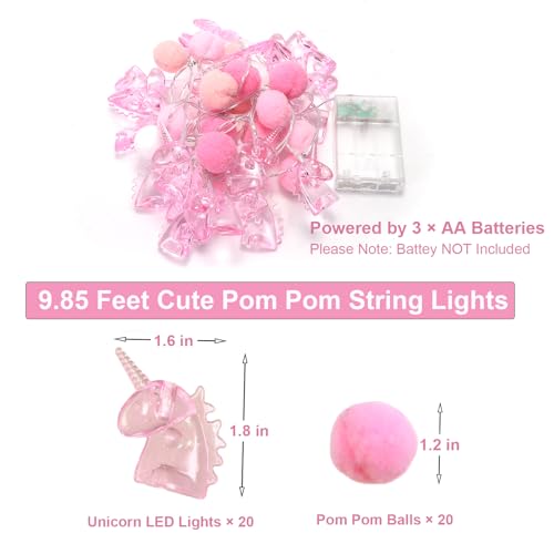 9.85FT Room Decor String Lights with 20 Cute PomPoms 20 Pink Unicorn LED Lights Battery Operated with Timer for Girls Bedroom Birthday Party Kids Playhouse Wedding Valentine's Day Christmas Decoration