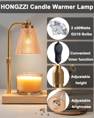 Candle Warmer Lamp with Timer - Adjustable Height & Brightness - Wood Base Glass Shade - 2 Bulbs Included(Square Gold)