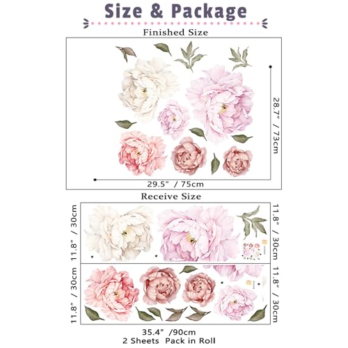 Watercolor Peony Flowers Wall Decals Floral Wall Stickers for Living Room, Delicate White & Pink Flowers Wall Posters Vinyl Blossom Art Applique for Bedroom Girls Room