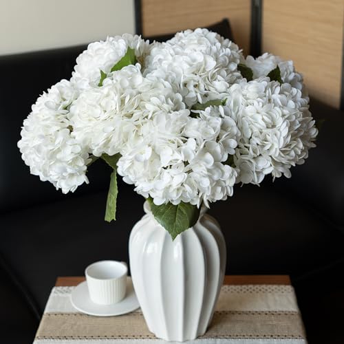 DUYONE 22" Real Soft Touch Hydrangea Artificial Flowers Realistic,Large Long Stem Fake Flowers Full Latex Faux,Wedding Bouquet,Party Home Decor,Garden Office Room Table Centerpieces White 3Pcs