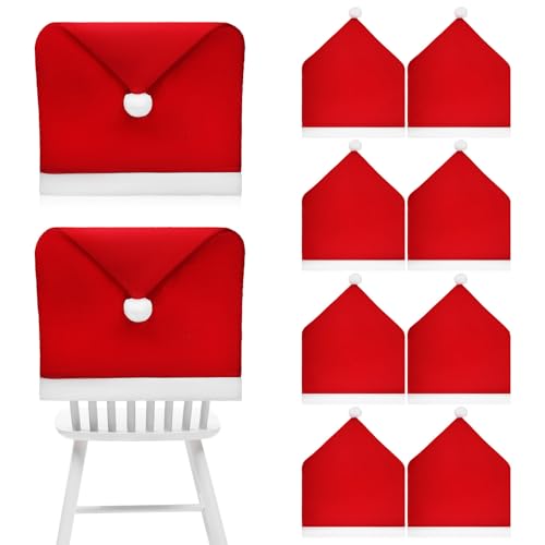 SEWACC 10pcs Christmas Chair Covers, Santa Claus Hat Chair Back Covers, Red Non-Woven Fabric Slipcovers for Christmas Holiday Party Decorations