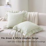 2 Pack Pile Green White Plaid Ruffle Gingham Throw Pillow Covers, 100% Washed Cotton Checkered Farmhouse Decorative Pillow Shams for Bed/Sofa - 18‘’x18''