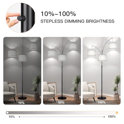 Dimmable Floor Lamp, 3 Lights Black Arc Floor Lamp, Modern Tall Standing Tree Lamp with Grey Linen Shades & Heavy Base, 3000LM LED Bulbs, Bright Lighting for Living Room, Bedroom, Office & Reading