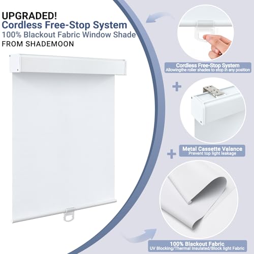 SHADEMOON Blackout Cordless Roller Shades for Windows,Free-Stop System Blind with Valance,Pull Down Room Darkening Indoor Shades,Thermal Insulated UV Blocking Fabric,Home Office(White,12" W x 72" H)