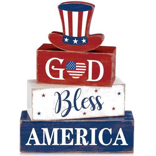 Moucuny 4 Pcs 4th of July Decorations Patriotic Memorial Day Table Decorations God Bless America Red White Blue Table Centerpieces Sign for Office Home Shelf 250th Anniversary