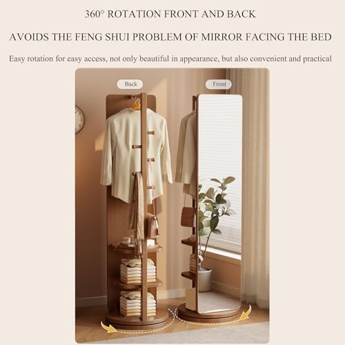 360° Rotatable Full-Length Solid Wood Mirror with Coat Rack | 2-in-1 Floor Standing Makeup & Dressing Mirror for Bedroom, Living Room, Entryway & Cloakroom Storage