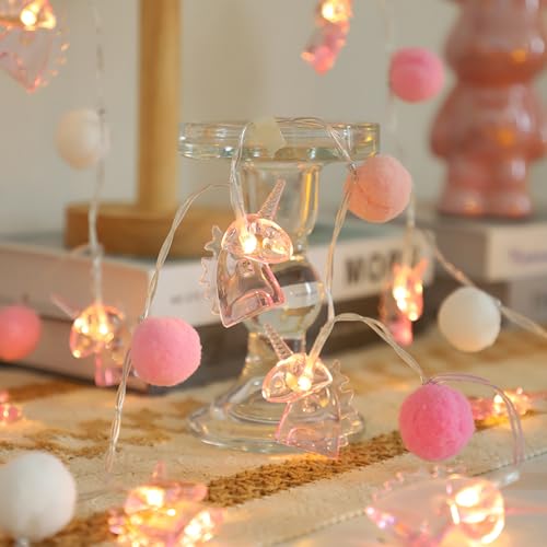 9.85FT Room Decor String Lights with 20 Cute PomPoms 20 Pink Unicorn LED Lights Battery Operated with Timer for Girls Bedroom Birthday Party Kids Playhouse Wedding Valentine's Day Christmas Decoration
