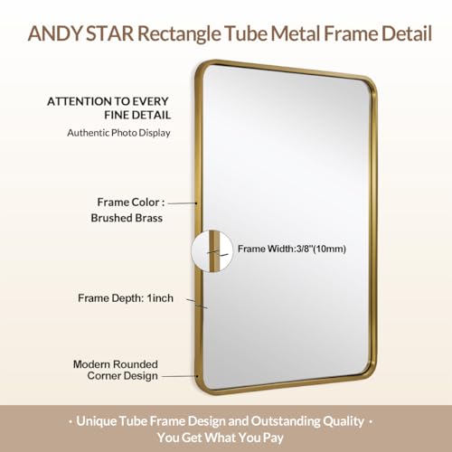 ANDY STAR Brushed Gold Mirrors for Bathroom, 24x36’’ Rounded Rectangle Mirror, Modern Brass Bathroom Vanity Mirror Non-Rusting Metal Tube Framed 1’’ Deep Wall-Mounted Mirrors Vertical/Horizontal