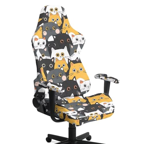 Cartoon Cat Print Gaming Chair Cover with Armrest Covers Stretch Anti Dust Furniture Protector Washable Breathable Gamer Chair Slipcover