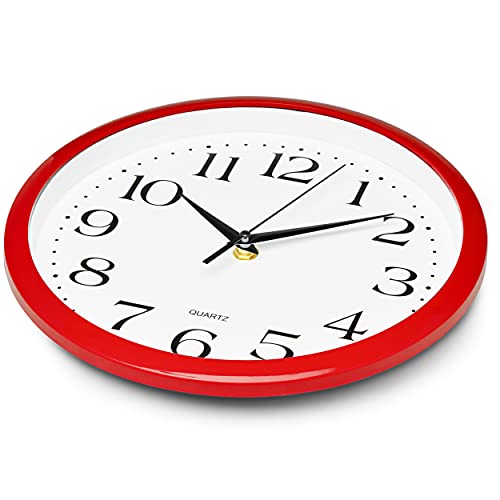 Bernhard Products Red Wall Clock Silent Non Ticking - 10 Inch Quality Quartz Battery Operated Round Easy to Read Home/Kitchen/Office/Classroom/School Clocks, Vintage Retro Red Frame Black Numbers
