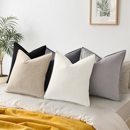 decorUhome Fall Decorative Linen Throw Pillow Covers 18x18 Inch Set of 2 Natural Beige Pillow Covers with Flange Edges Soft Farmhouse Boho Accent Pillow Cases for Couch Bed Living Room