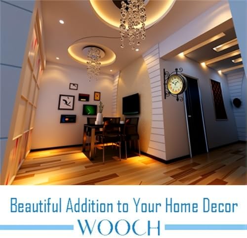 WOOCH Wrought Iron Antique-Look Brown Round Wall Hanging Double Sided Two Faces Retro Station Clock Round Chandelier Clock with Scroll Wall Side Mount Home Décor Wall Clock 8-inch