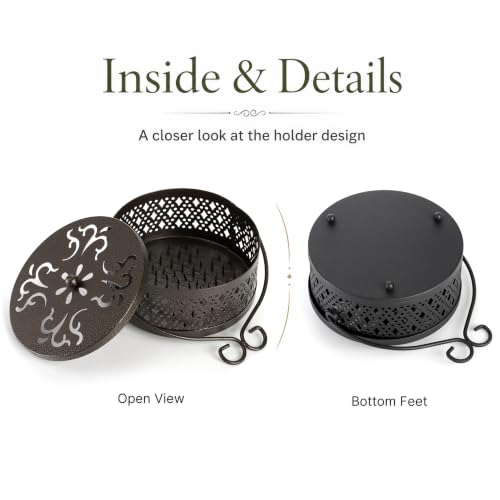 Kingrol 2 Pack Mosquito Coil Holders with Lids, Outdoor Metal Burners | Black and antique brass metal holders with lids to help contain ash for patio, garden, porch, camping, and outdoor tables
