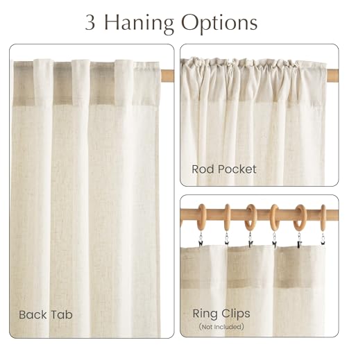 NICETOWN Natural Linen Curtains & Drapes for Windows 84 inch Long, Rod Pocket & Back Tab Thick Flax Semi Sheer Privacy Assured with Light Filtering for Bedroom/Living Room, W55 x L84, 2 Pieces