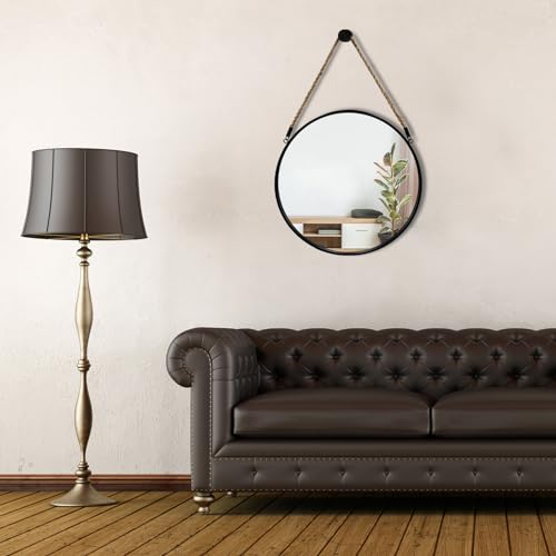 POZINO Round Hanging Mirror with Rope, 15" Circle Wall Mirror with Black Metal Frame, Farmhouse Decorative Mirror for Entryway, Living Room, Fireplace, Bedroom, Bathroom