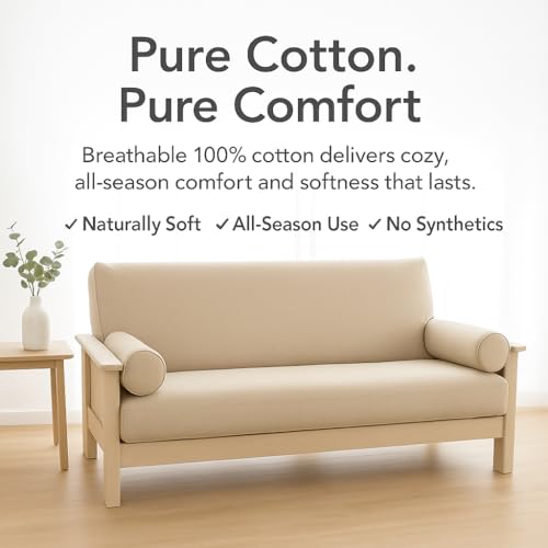 National Allergy 100% Cotton Zippered Futon Cover Full Size - Natural White - Machine Washable Futon Mattress Cover with Zipper, Durable Armless Sofa Bed Covering (54x75)