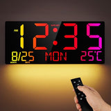 16" Large Digital Wall Clock with RGB LED Jumbo Number, Remote Control, Auto DST, Temperature,Calendar, Modern Wall Mount Digital Clock for Living Room, Classroom, Office Wall, Senior Bedroom