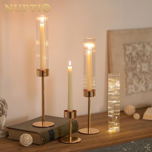 NUPTIO Hurricane Glass Candles Holder, 18 Pcs Gold Taper Candle Holder Bulk