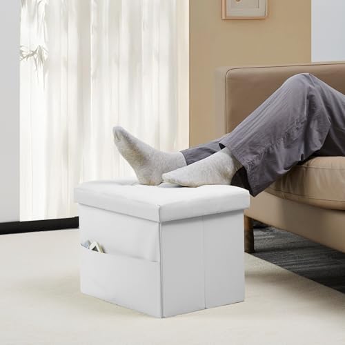 Bsketa Storage Ottoman Bench,17 Inch Folding Leather Foot Rest Stool, White