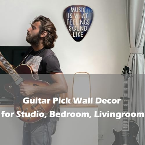 AZEZO Metal Guitar Pick Décor, 12’’x10’’ Music Wall Art, Stainless Guitar Wall Art, Featuring ‘Music Is What Feelings Sound Like’