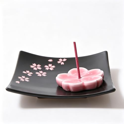 Japanese Ceramic Handmade Cute Cherry Blossom Incense Stick Holder or Incense Burner Holder, Unique Ash Catcher Inscent Tray and Decorative Gift, Home Decor 3.94 inches, Square Pink