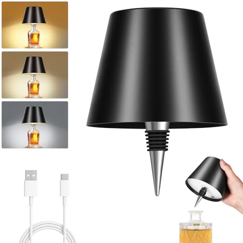 Rechargeable Wireless Bottle Lamp - 3 Color Stepless Dimmable, Metallic Black Lampshade, 5H Bright Light or 48H Soft Glow,Ideal for Home Décor, Parties, Bar
