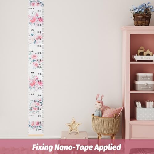 Canvas Kids Growth Chart for Wall, Floral Height Measurement Tracker for Baby Girl, Hanging Ruler with Removable Hook, Nursery Room Playroom Toddler Bedroom Decor, 79”x7.9” Pink