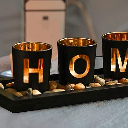 Home Decorative Candle Holder Set, 4 Glass Tea Light Candleholders with Wooden Candle Holders Tray, Natural Pebbles for Home Decor Table Decorations Centerpiece