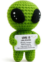 13th Birthday Decorations for Boys Handmade Crochet Alien Figure Teen Card | 13 Years Old Gift for Son, Daughter, Friend, or Grandchild