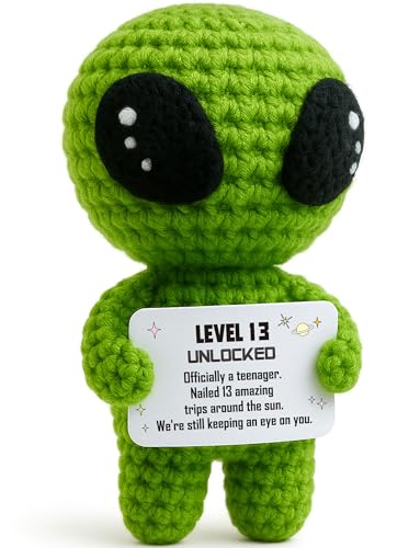 13th Birthday Decorations for Boys Handmade Crochet Alien Figure Teen Card | 13 Years Old Gift for Son, Daught