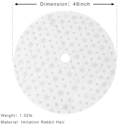 48inch White Christmas Tree Skirt Tree Carpet Blanket, Soft 4ft Xmas Christmas Tree Blanket with Silver Snowflake White Faux Fur Carpet for Christmas Holidays