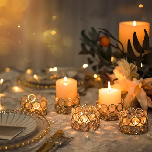 Pack of 6 Gold Crystal Tea Light Candle Holders