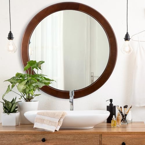 CULER Round Wood Mirror 24 Inch,Circle Mirror with Walnut Frame for Wall,Rustic Decorative Round Wall Mirror for Bathroom Bedroom Entryway（Walnut Brown）