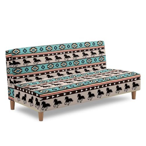 Aztec Tribal Horse Futon Covers, Armless Sofa Covers, Stretch Sofa Bed Cover, Washable Futon Slipcover Furniture Protector for Kids, Pets, Dog and Cat