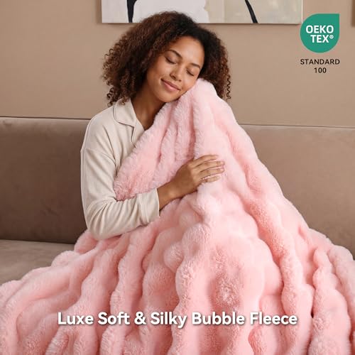 Smoofy Faux Fur Throw Blanket for Couch - Blush Pink Super Soft Cozy Bubble Blanket, Fluffy Plush Fuzzy Throw for Sofa & Bed, Thick Lightweight Warm Blanket, Luxury Aesthetic Gift for Women 50"x60"