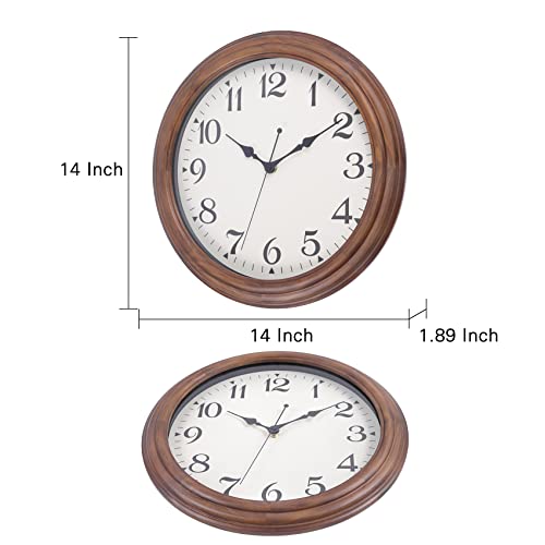 14 Inch Wooden Wall Clock, Retro Wood Wall Clocks Battery Operated, Large Silent Sweep Movement Accurate Wall Clock for Living Room Bedroom