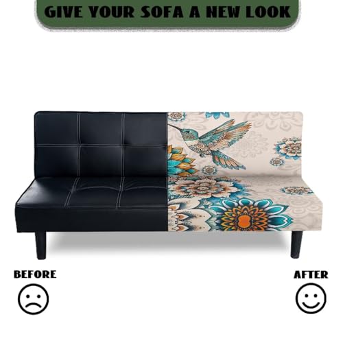 Suobstales Boho Mandala Hummingbird Print Stretch Armless Futon Cover, Futon Mattress Covers Soft Furniture Protector with Elastic Bottom, Foldable Sofa Slipcovers Washable Couch Cover
