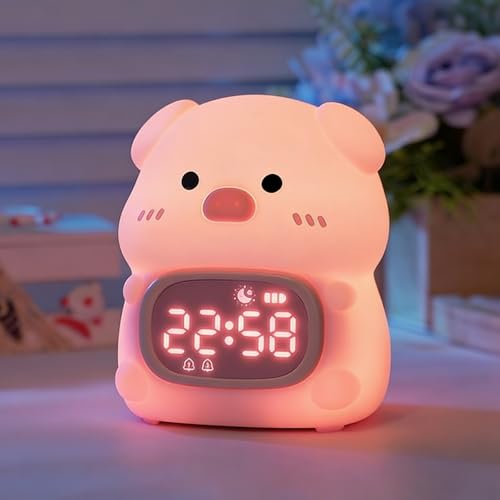Pig Digital Alarm Clock with Night Light for Kids, Sleep Training Clock with RGB Lights, OK to Wake Clock, Rechargeable Cute Animal Silicone Lamp for Toddler Boys Girls Teens Birthday Room Decor (Pig)