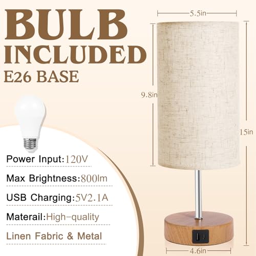 Touch Control Bedside Table Lamp with USB-C Charging Ports, 4-Way Dimmable Nightstand Lamp with Wood Base & Fabric Shade for Bedroom Living Room