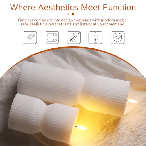 White Ribbed Flameless Pillar Candles with Remote Set of 2