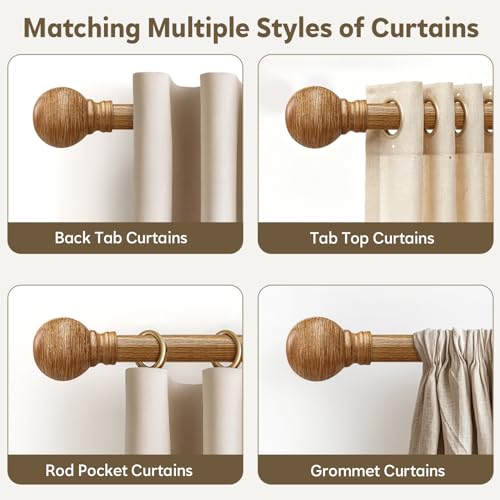 Boho Wood Curtain Rods for Windows 72 to 144 inch 1" Diameter Adjustable Heavy Duty Window Curtain Rod with Decorative Wooden Grain Finials Drapery Rods for Living Room Bedroom Kitchen Cafe Farmhouse