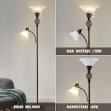 Torchiere Floor Lamp for Living Room, LED Standing Reading Light for Bedroom with Glass Shade for Living Room Corner Bedroom Home Office,Bulbs Included (Red Brown,Glass 2 Head)