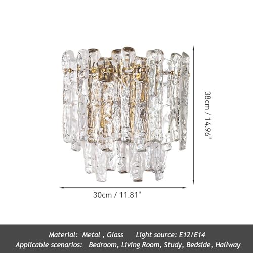 Wall Light, Luxury Crystal Wall Sconce, Gold Metal and Clear Textured Glass Ice Block Lamp, E14 3-Light 3-Color Dimmable LED Fixture for Bedroom Living Room Hallway Dining Room Parlor