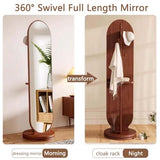 Floor-Standing Solid Wood Rotating Coat Rack，Modern 2 in 1 Wood Floor Mirror with Coat Rack Full Length Mirror with Hooks and Storage Shelf for Living Room and Bedroom